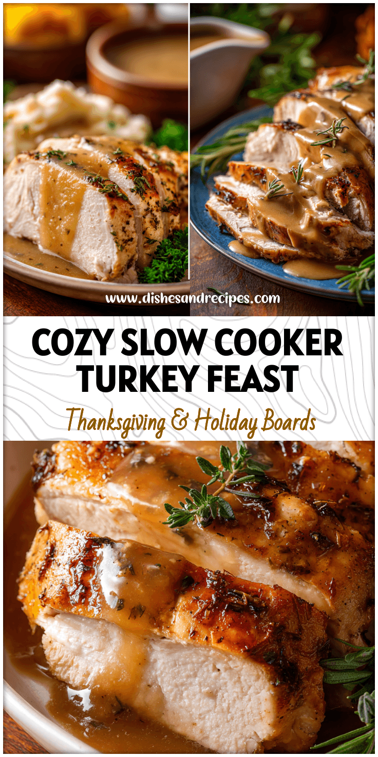 Tender slow cooker turkey breast with rich gravy served in a cozy Crockpot Thanksgiving setting.